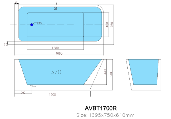 Avis Corner ACBT1700L/R Back to wall Bathtub - Image 5