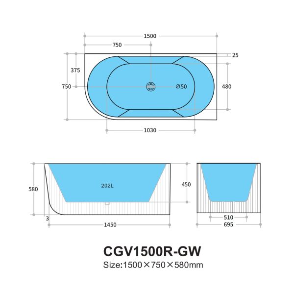 Capri CGV1500R Oval Freestanding Right Corner Bathtub - Image 4