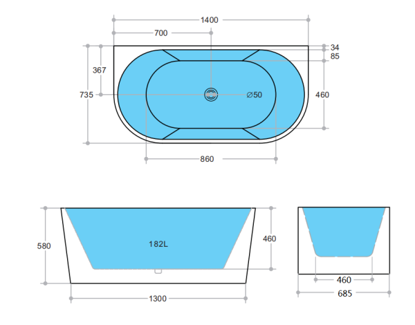 Elivia ELBT1400 Back to Wall Bathtub - Image 3