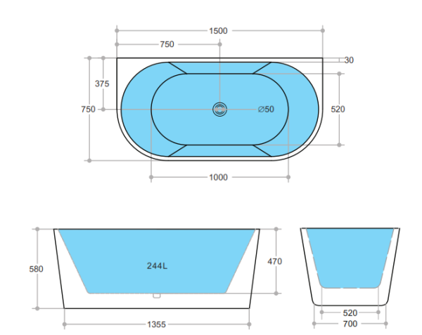 Elivia ELBT1500 Back to Wall Bathtub - Image 3