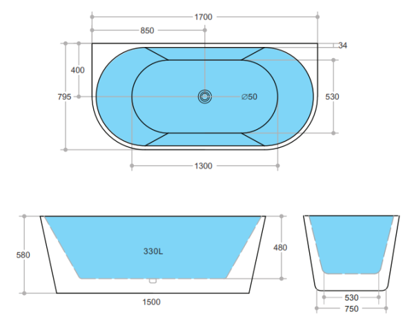 Elivia ELBT1700 Back to Wall Bathtub - Image 3