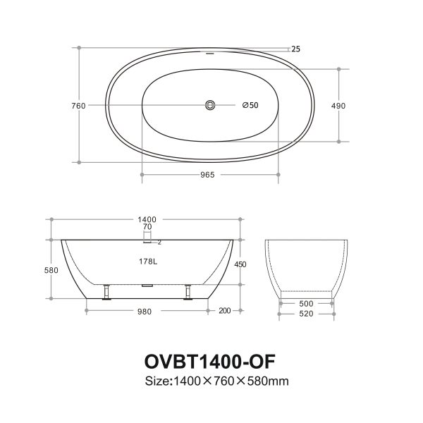 Ovy Acrylic Freestanding Bathtub 1400/1500/1700 OVY1400/1500/1700-NF/OF - Image 4