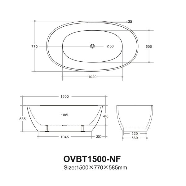 Ovy Acrylic Freestanding Bathtub 1400/1500/1700 OVY1400/1500/1700-NF/OF - Image 6