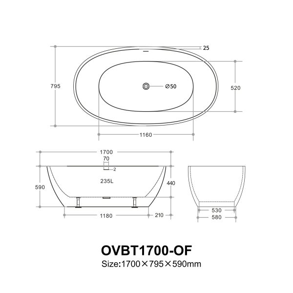 Ovy Acrylic Freestanding Bathtub 1400/1500/1700 OVY1400/1500/1700-NF/OF - Image 9