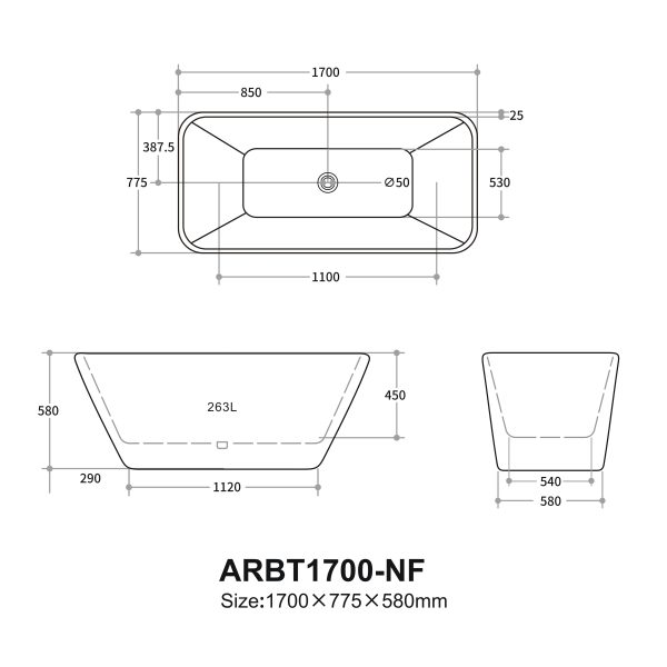 Rossa Freestanding Bathtub 1500/1700 RBAT1500-NF/RBAT1700-NF - Image 4