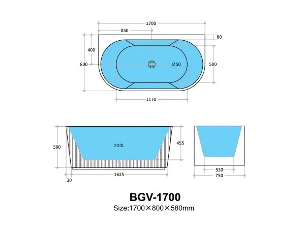 Ceto Bari Groove 1700mm Fluted Oval Freestanding Back to Wall Bath BGV1700 - Image 5