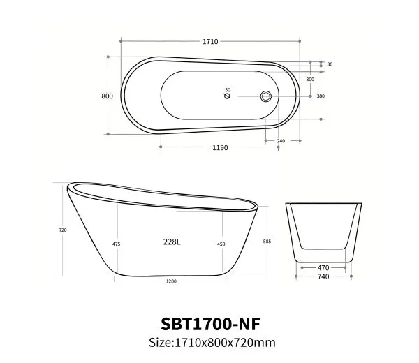 Selene Freestanding Bathtub SBT1500-NF/SBT1700-NF - Image 5